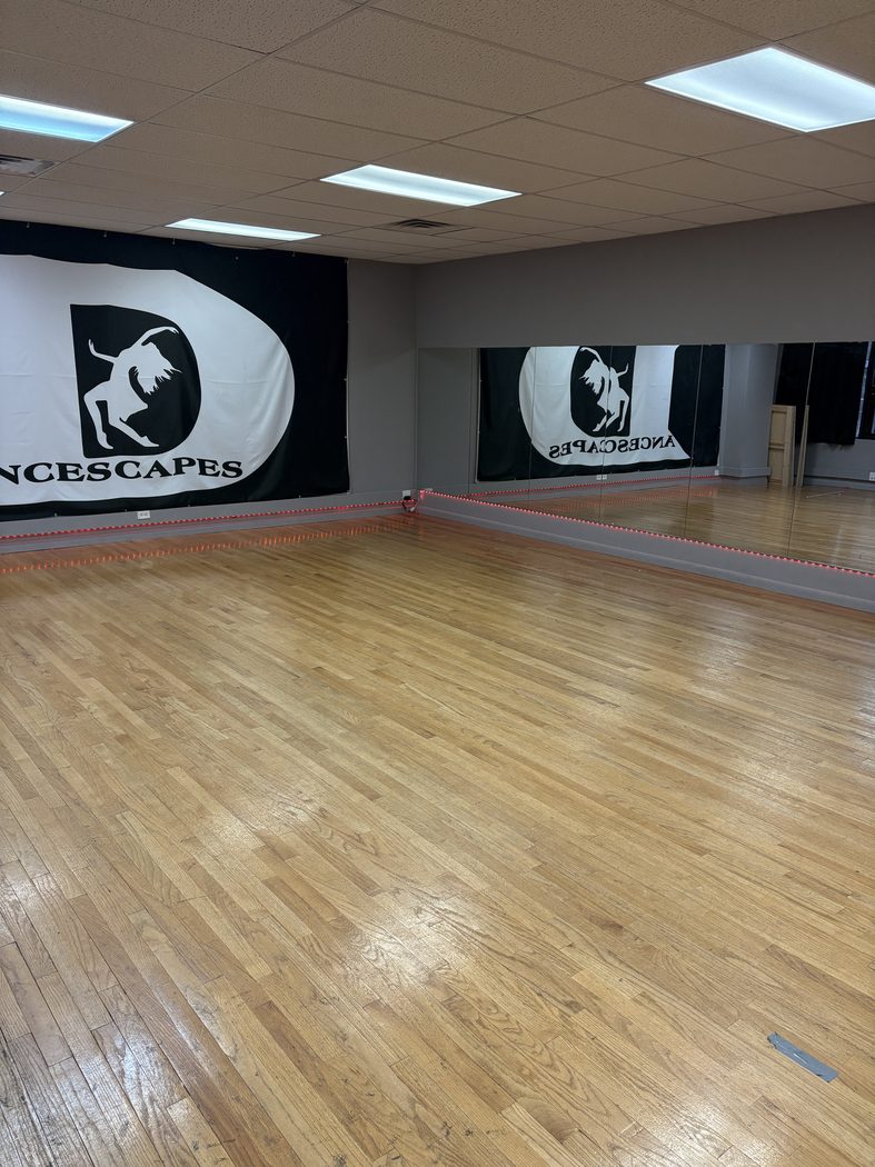 Main dance studio with hardwood floor and Dancescapes banners